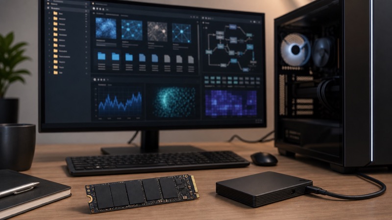 AI 작업용 데스크톱과 SSD, 데이터 파일이 놓인 책상