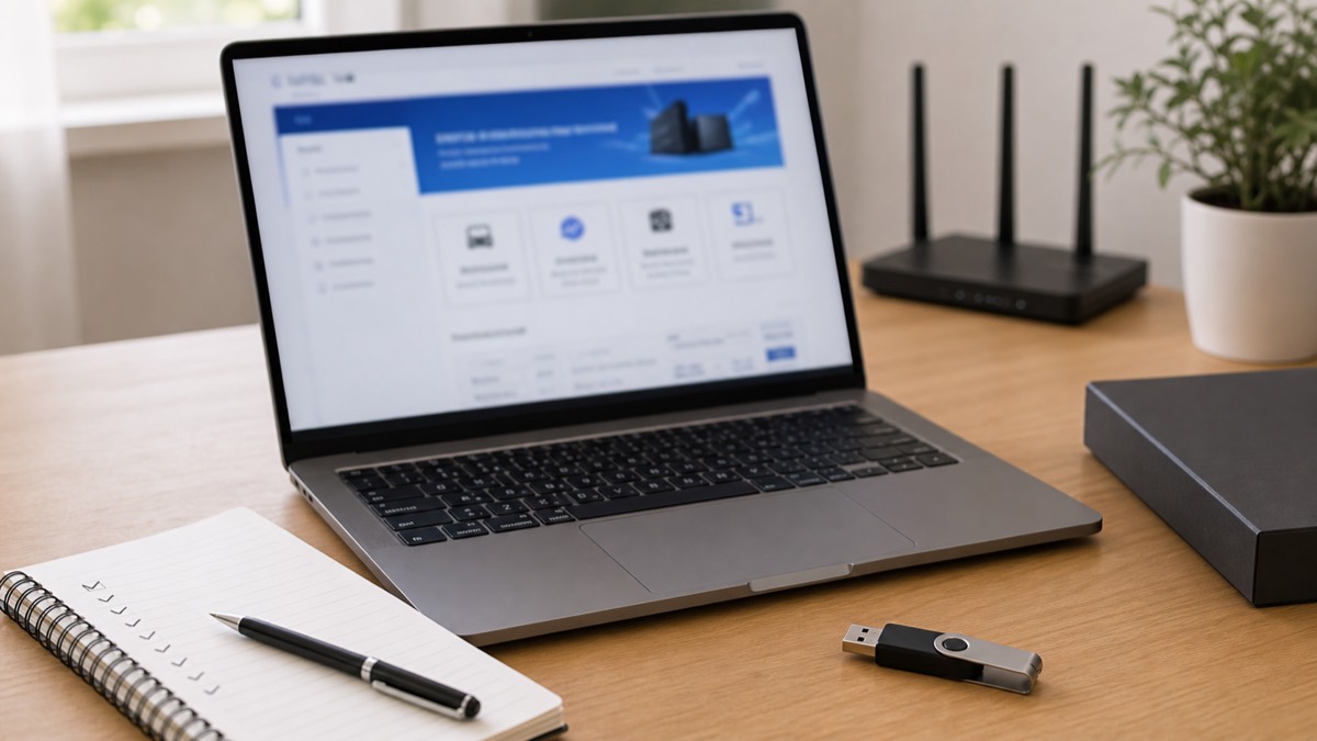 노트북 옆에 놓인 USB 드라이브와 드라이버 다운로드 화면
