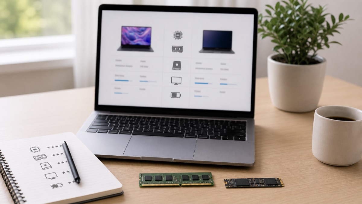 노트북 사양표와 CPU, RAM, SSD 항목을 비교하는 화면