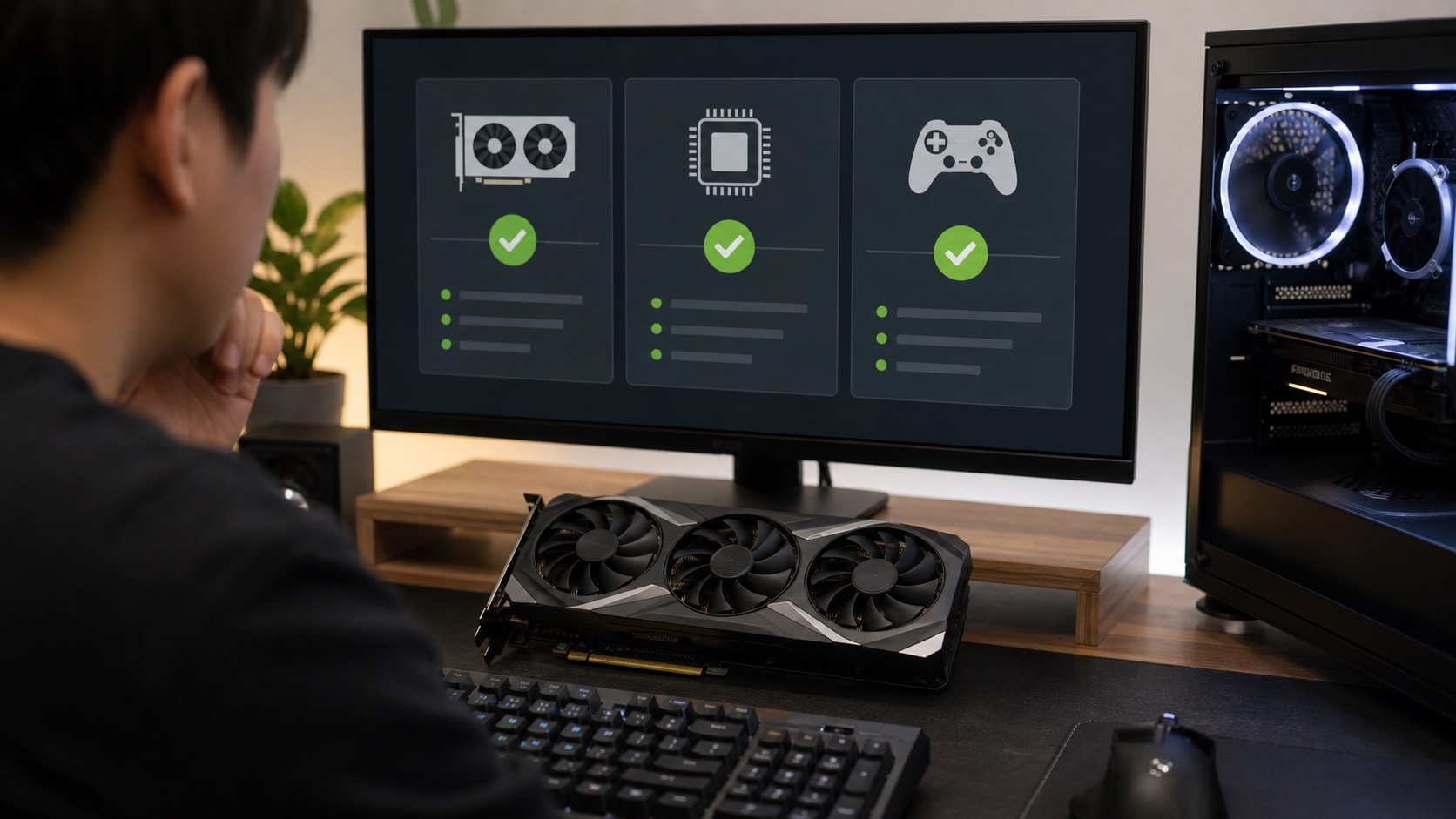 그래픽카드와 게임 지원 조건을 확인하는 PC 책상