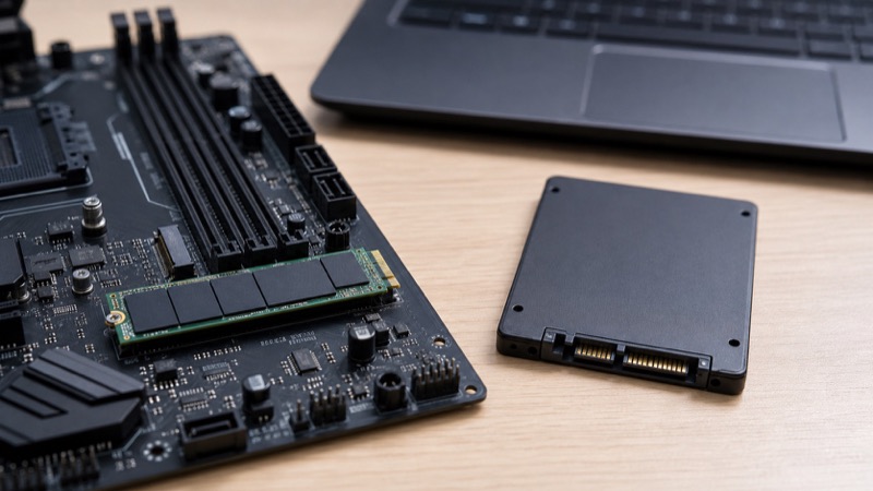 M.2 SSD와 2.5인치 SATA SSD 비교 장면