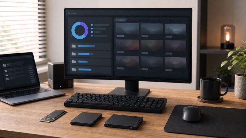 게임 라이브러리와 작업 파일을 저장하는 SSD 업그레이드 장면