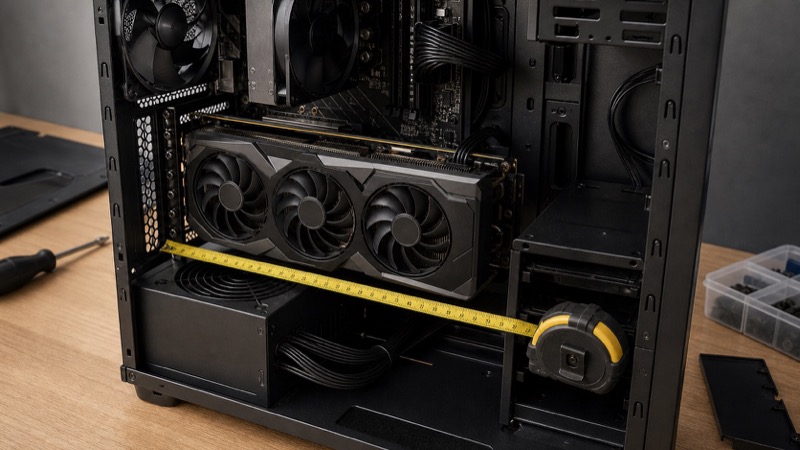 그래픽카드와 파워 케이블, PC 케이스 내부 공간