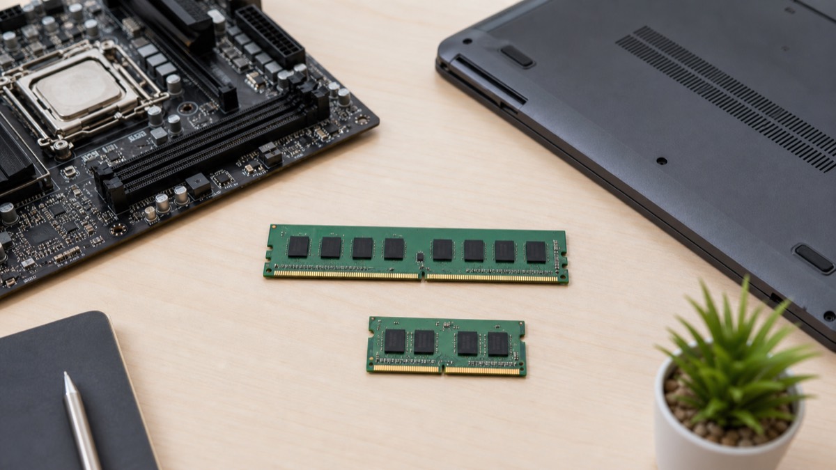 데스크톱 DIMM과 노트북 SO-DIMM 메모리 규격을 비교하는 장면