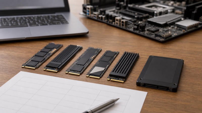여러 SSD 후보를 비교하는 PC 부품 책상