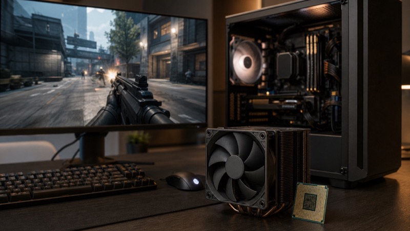 고주사율 모니터에 FPS 게임 화면이 표시된 책상