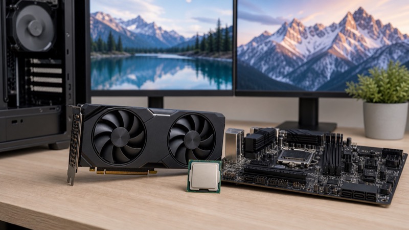 CPU와 그래픽카드가 함께 놓인 PC 조립 작업대