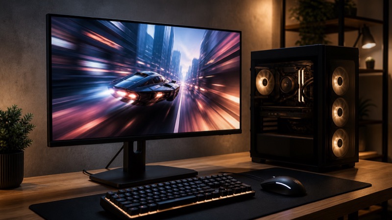 그래픽카드의 DisplayPort와 HDMI 포트에 세 개의 모니터 케이블을 연결한 모습